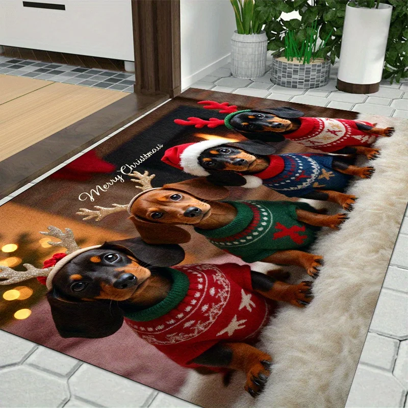 Christmas Dachshund Dog Flannel Doormat Merry Christmas Santa Hat Reindeer Antler Xmas Anti‑Slip Home Entrance Holiday Decor Rug