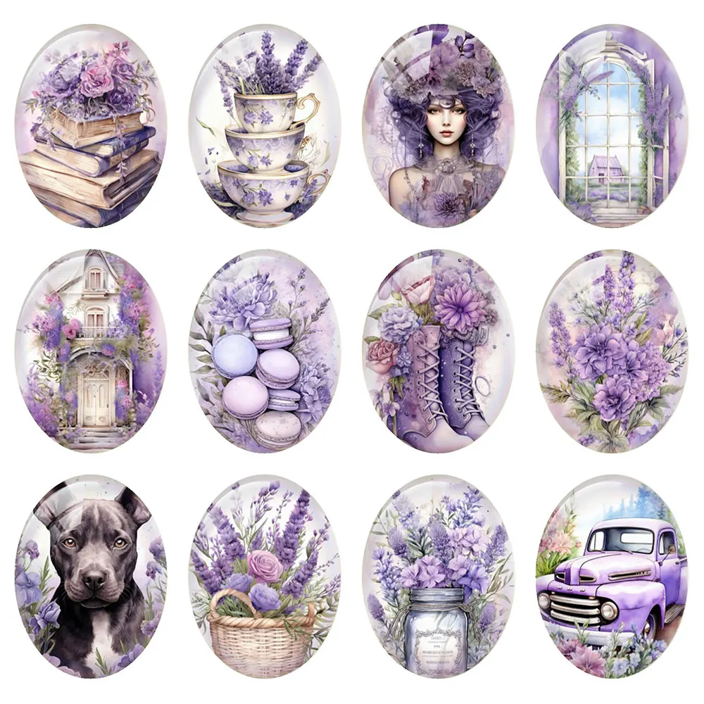 Random Mixed Round/Oval/Square Lavender Purple Style Retro Dog Photo Glass Cabochon Flatback Demo Cameo For Diy Jewelry Making