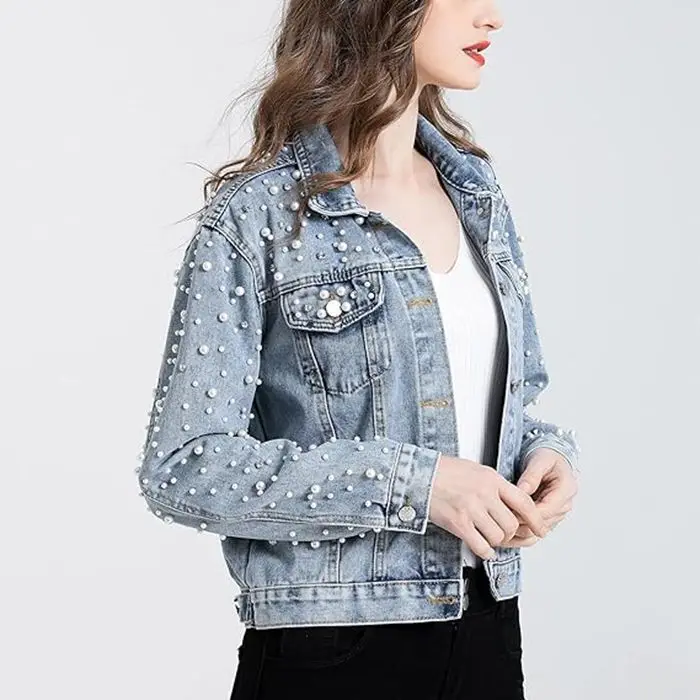 

Women's Short Pearl Embellished Loose Denim Jacket Spring Autumn New Style Cotton Shoulder Biker Coat Casual Fashion