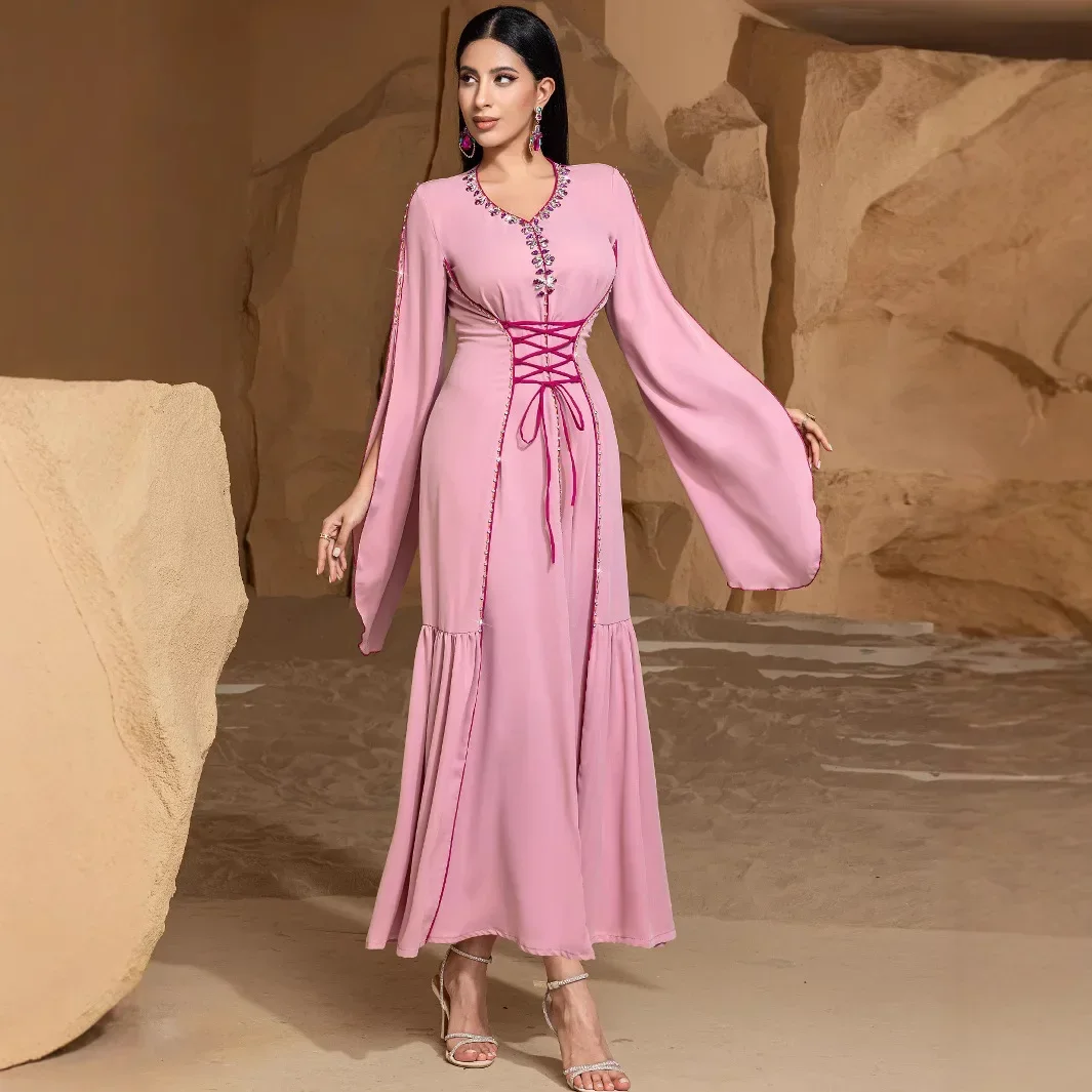 

Eid Ramadan Party Dress for Women Muslim Abaya Diamond Lace Up Morocco Kaftan Vestidos Dubai Robe Jalabiya Islamic Clothing Gown