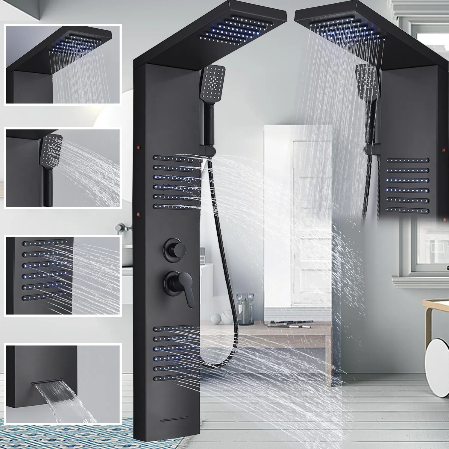 

LED Black Shower Panel Tower System Mssage Jet Rain&Waterfall Spayer Hand Shower