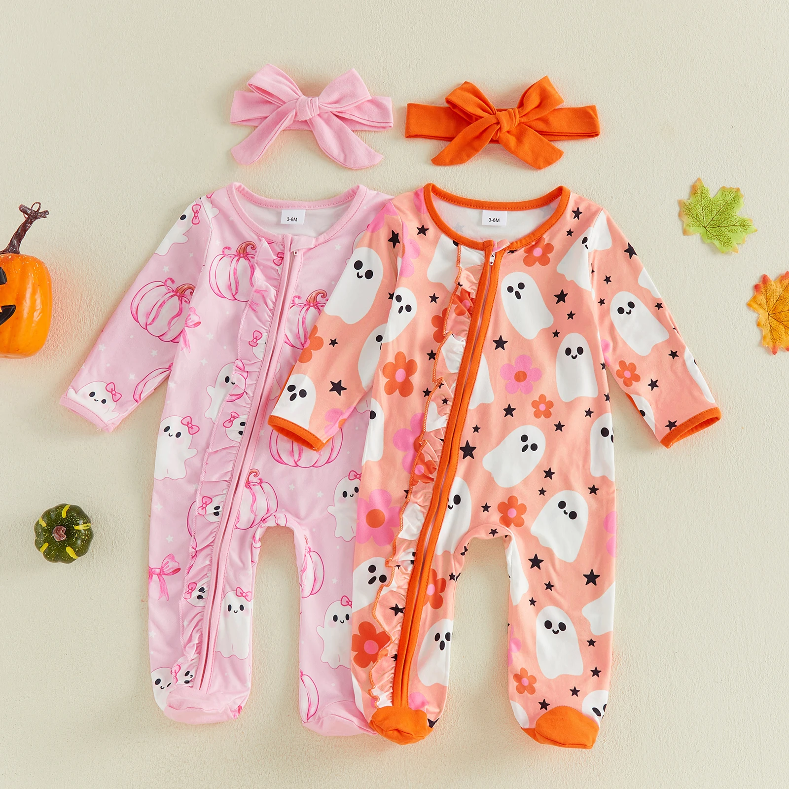 2 Pcs Infant Girl Halloween Outfit Long Sleeve Crew Neck Ghost Ruffle Trim Footed Romper Headband Set Baby Fall Clothes