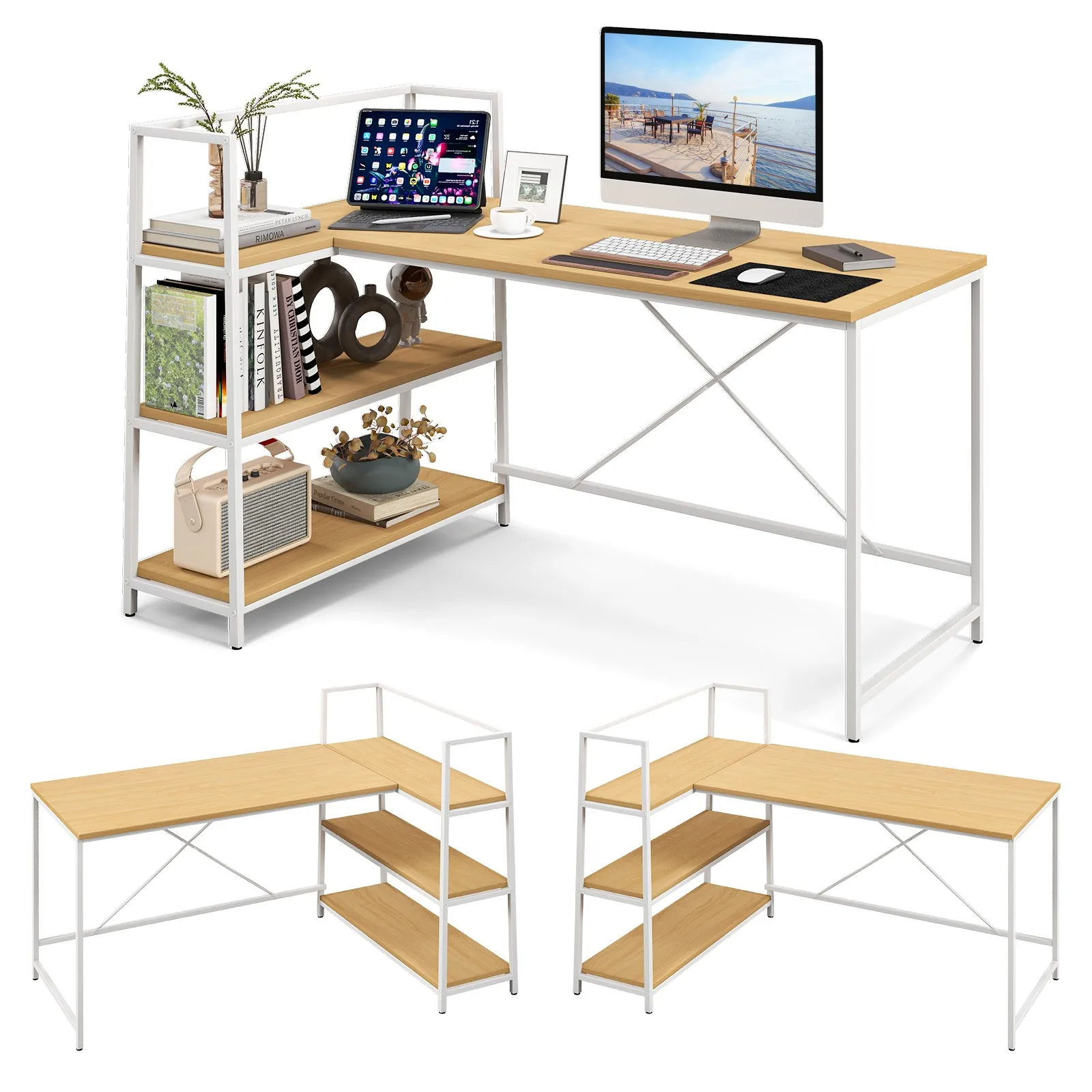 

Reversible L Shaped Computer Desk Corner Workstation w/3-Tier Open Shelf Natural