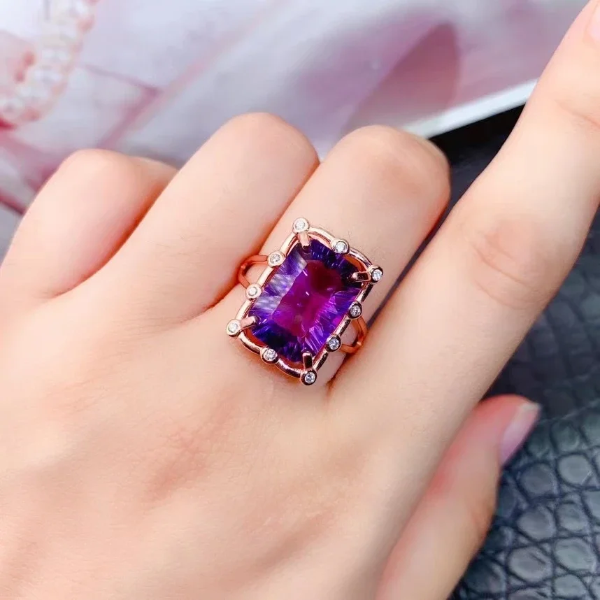 

Vintage Sterling Silver Amethyst Ring for Party 10*14mm 6ct VVS Natural Amethyst 925 Silver Ring with 3 Layers 18K Gold Plating