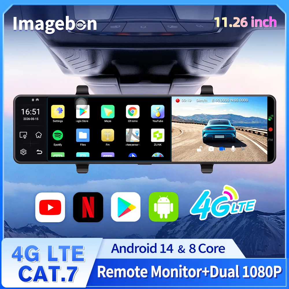 Imagebon M11 11.26'' 4G LTE Android 14 CarPlay &  Android Auto Rearview Mirror Camera GPS Navigation DashCam Driving Recorder