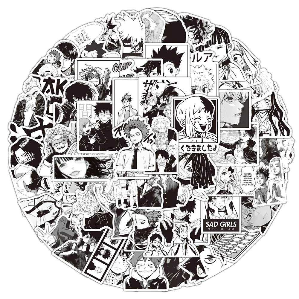 10/30/50/100pcs Preto Branco Mix Anime Adesivos My Hero Academy Haikyuu!! Decalques de desenhos animados brinquedo diy laptop bagagem bicicleta adesivo legal