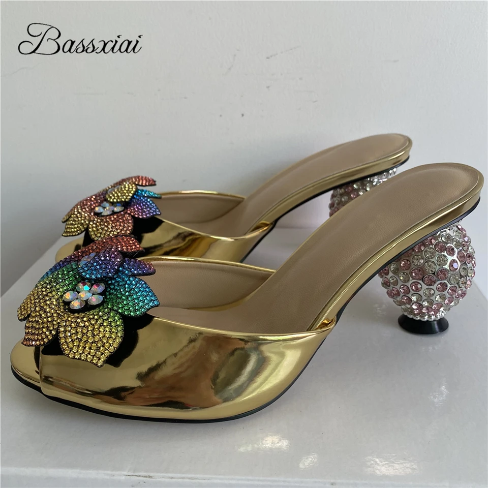 

Diamond Rhinestone Spherical Heel Mules For Girls Luxury Patent Leather Slingbacks Jeweled Crystal Flower Sandals Women Summer