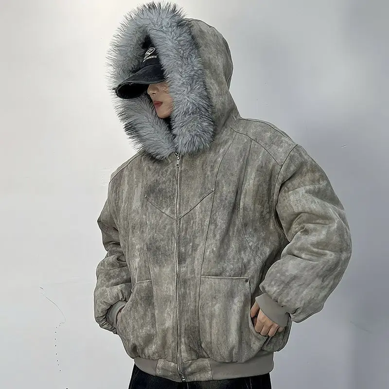 

Men's Winter Cotton Jacket with Fur Collar, Eagle Embroidery, and Tie-Dye Design, Thickened & Cozy for Outdoor Style Men's coat