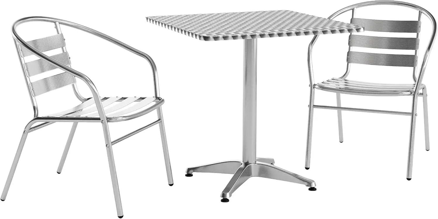 27.5 in Aluminum Square Bistro Table with 2 Chairs | Indoor/Outdoor Use, Slat Back, Slat Back Chairs