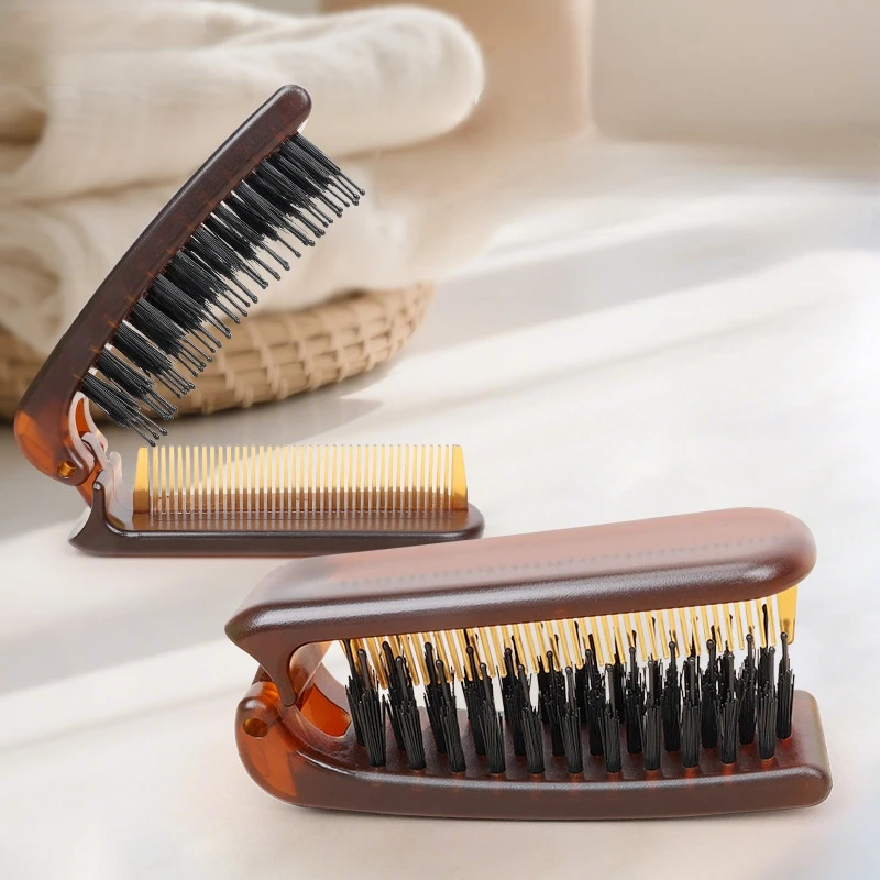 

Foldable Hairbrush & Comb 2 In 1 Hybrid Bristle And Nylon Pins Portable Smoothing Comb Business Travel Handbag Small Hair Brush