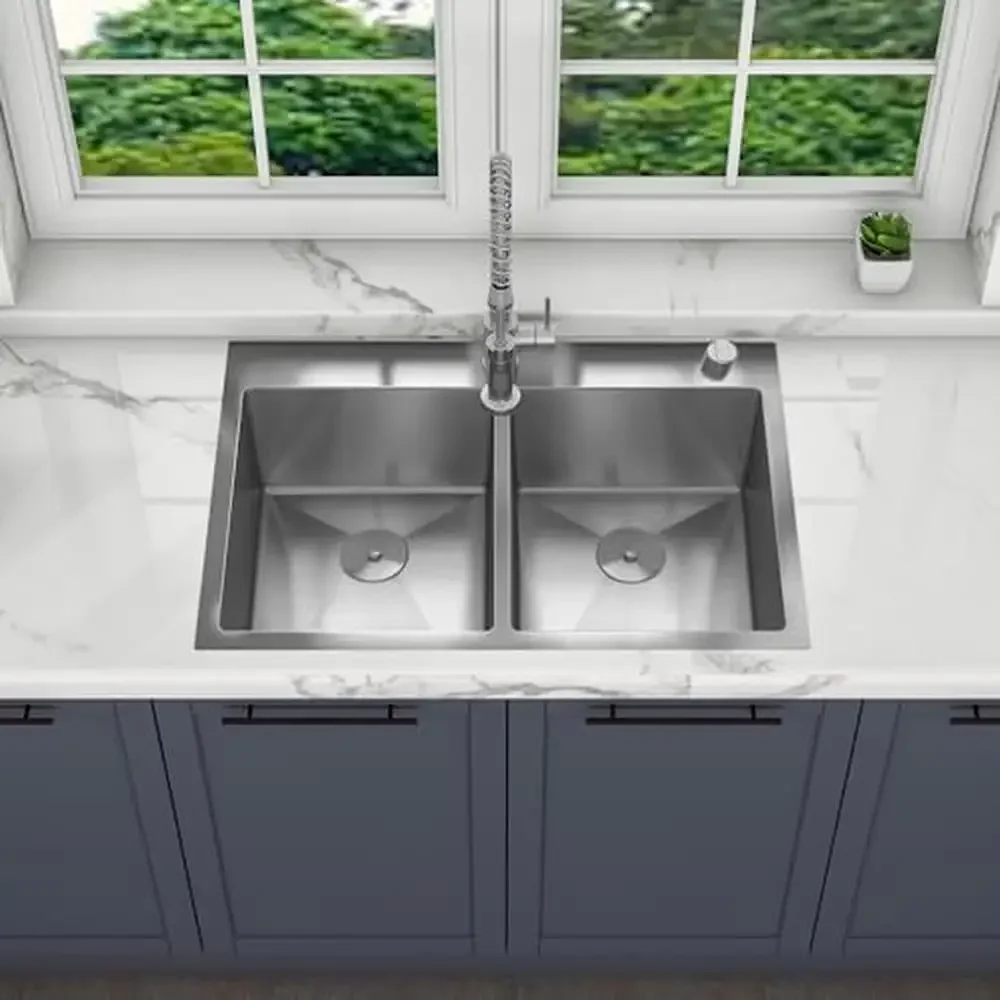 304 Stainless Steel Undermount Kitchen Sink Double Bowl 33x22x9 18 Gauge Satin Finish HT3322D-9-S Sink Only Cable and Template