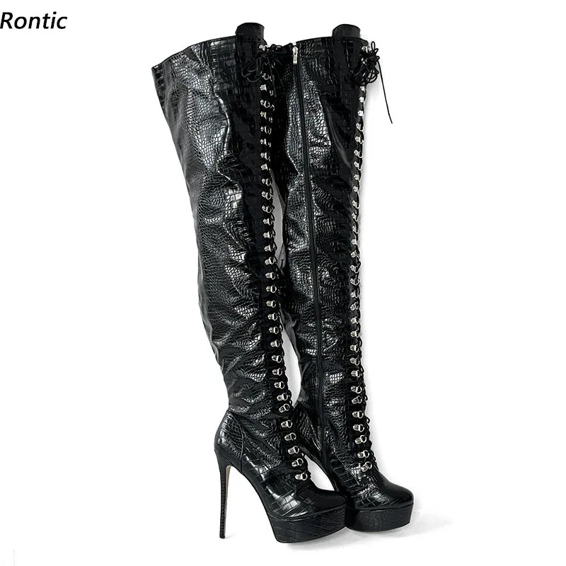 Rontic Handmade Women Winter Thigh Boots Crocodile Pattern Stiletto Heels Round Toe Pretty Black Party Shoes US Size 5-15