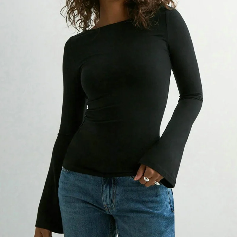

Однотонный расклешенный топ с длинными рукавами, женская тонкая футболка с разрезом на шее, короткие футболки, осенняя женская одежда, уличная одежда, уличная одежда