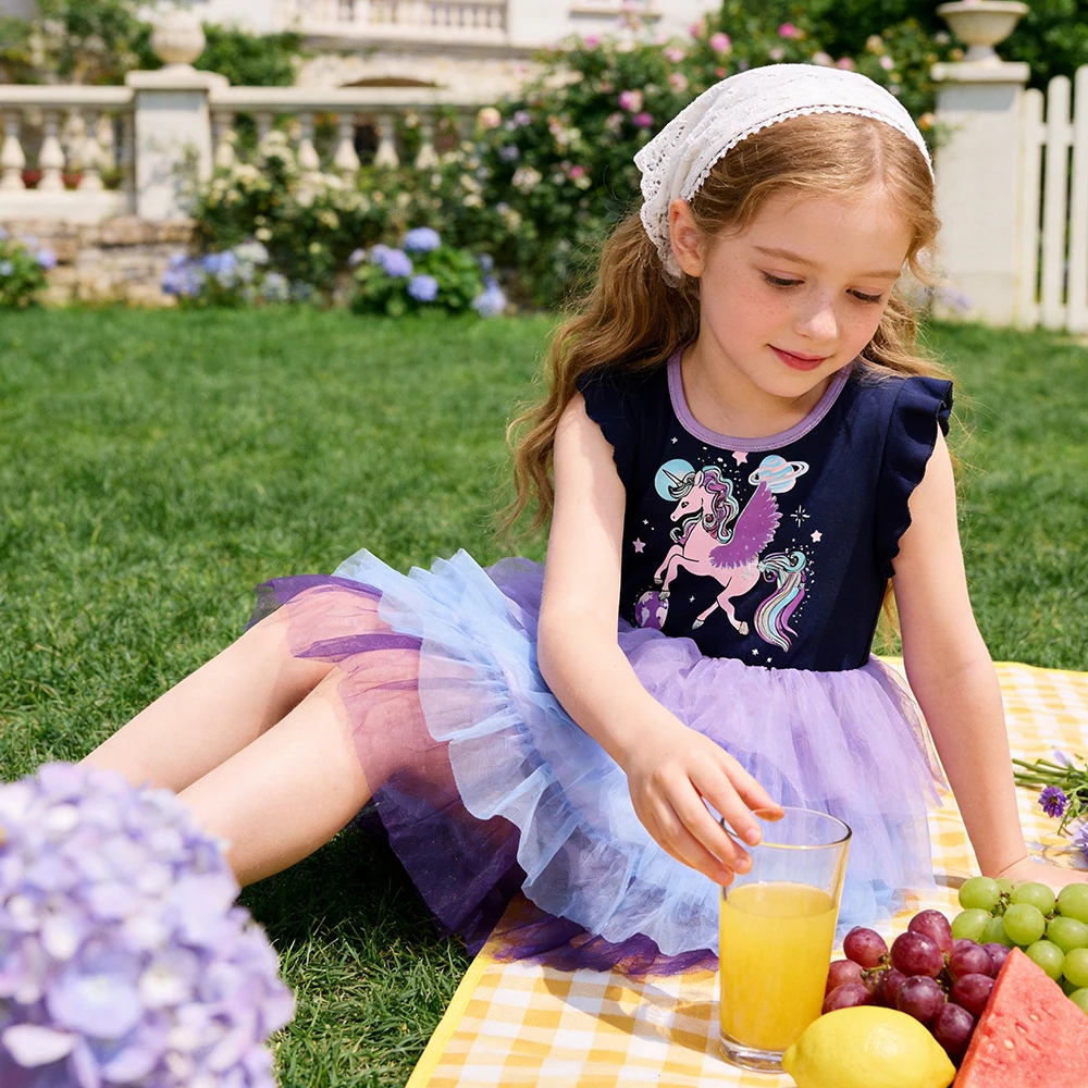 Girls Navy Licorne Cartoon Print Flare Sleeve Summer Colorful Dress Kids Tiered Tulle Mesh Tutu Princess Party Casual Dresses