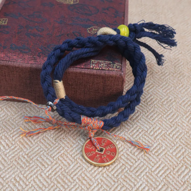 -Style Snake Year Mountain Ghost Coin Bracelet, Ethnic Tibetan Hand-Woven Cord, Top Scholar Necklace, Traditional Chinese