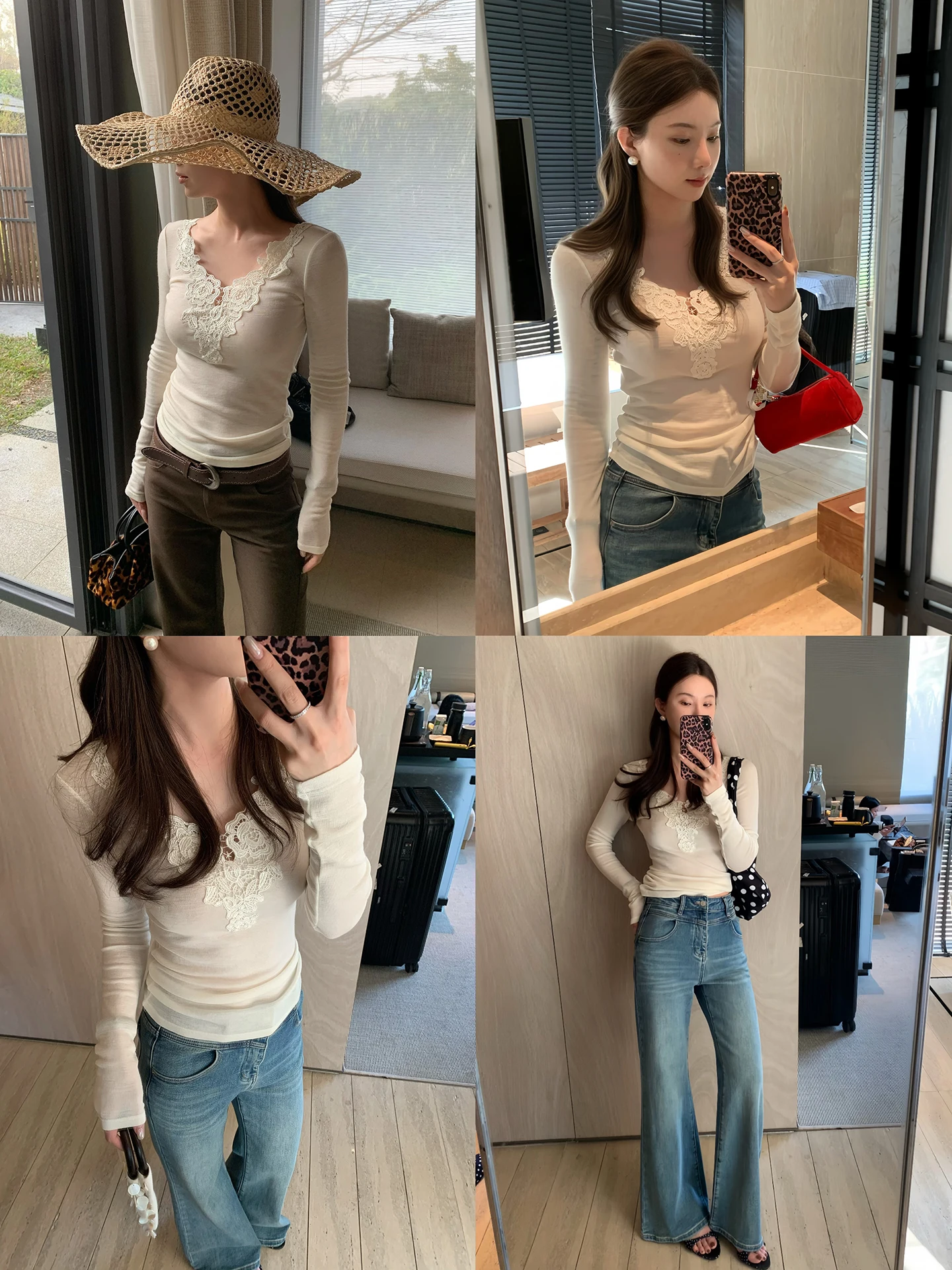 

Sasa Women's Slim Fit Long Sve Knitted Base irt Soft V-ne Lace Splicing Early Spring Sli Inner Wear Top