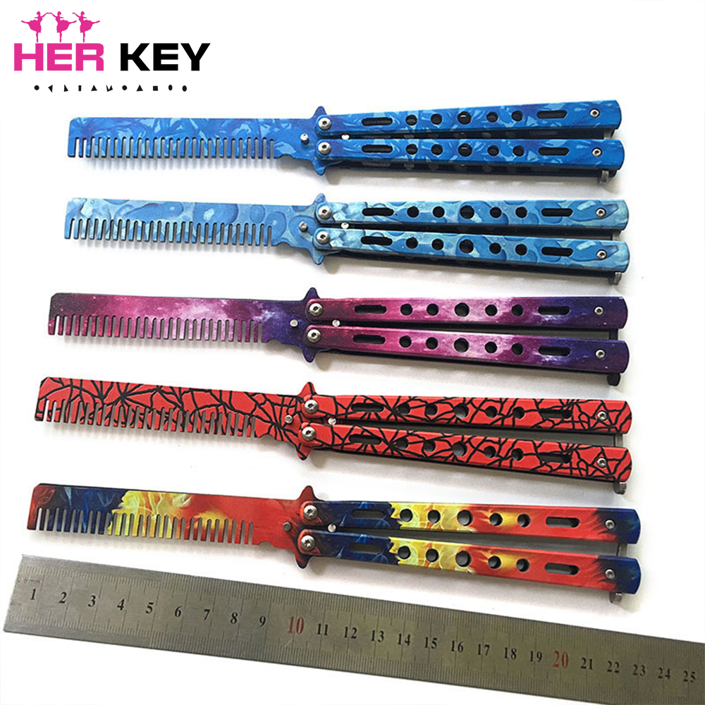 Stainless steel portable folding comb training practice butterfly knife beard beard brush hair styling tool