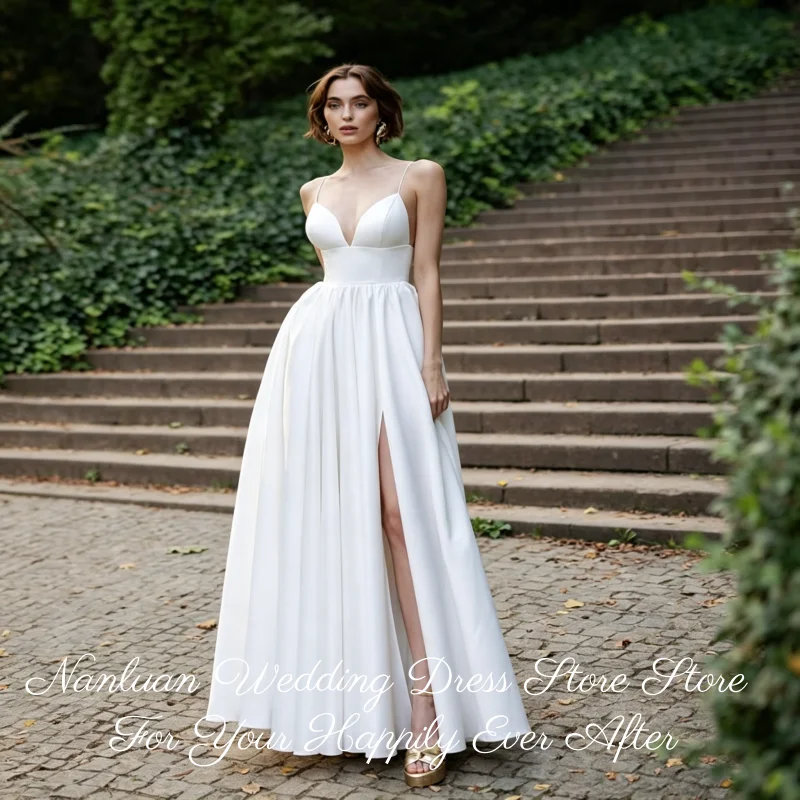 26 Styles Spaghetti Strap Deep V Neck Satin A Line Wedding Dress High Slit Vestidos de Novia Customized