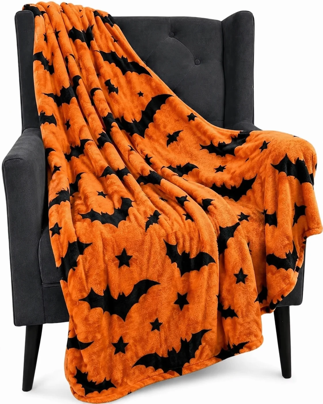 Halloween Bat Flannel Throw Blanket, Orange Black Spooky Print Soft Cozy Lightweight Blanket for Adults Kids, Sofa Couch Bed Bedroom Dorm Living Room Halloween Home Decor Gift