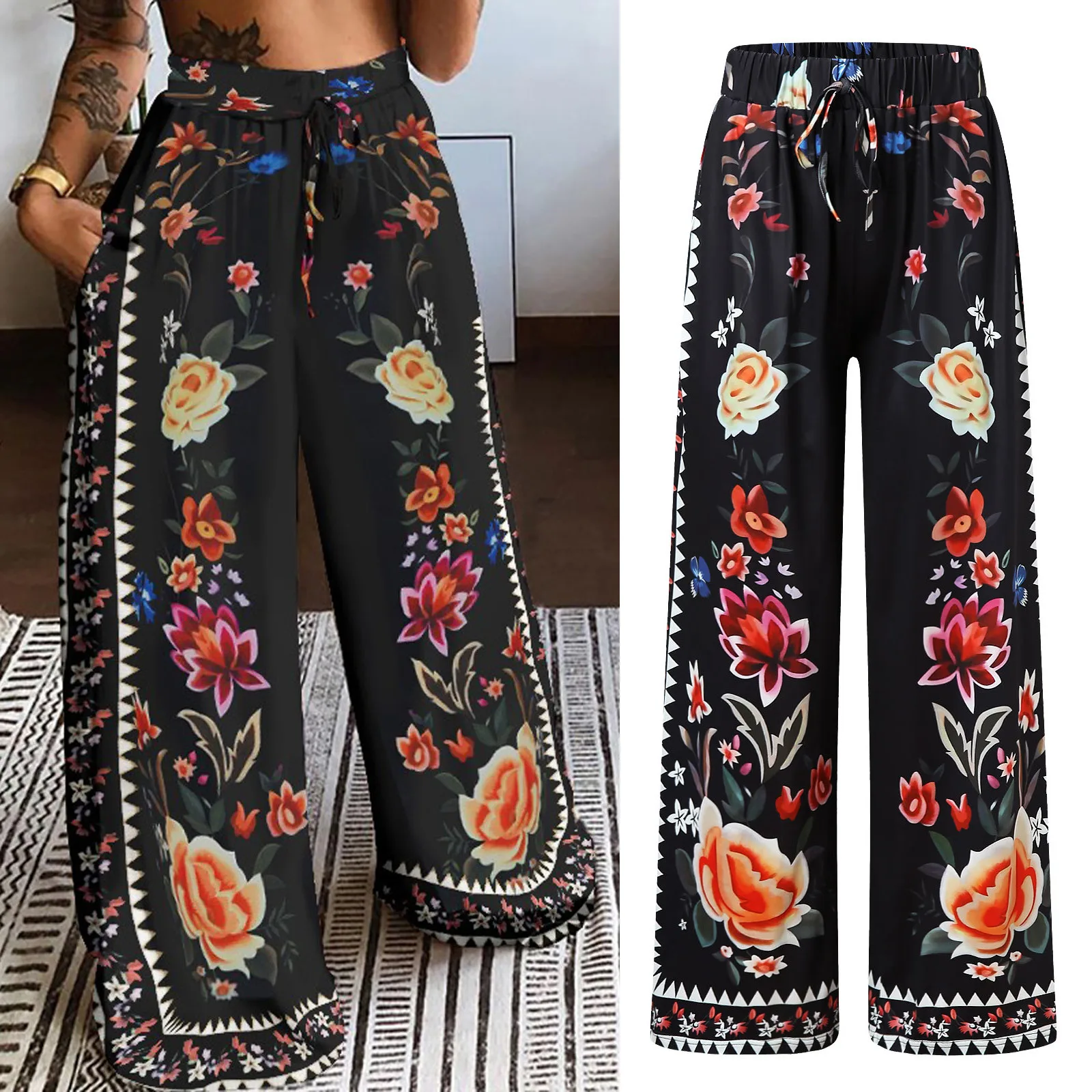 Pockets Pants Beach Long Waist Pants Women Printing Boho High Trousers Easy Pants Leisure Versatile Floor Length Loose Trousers