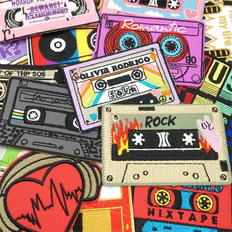 

Rock Punk Embroidered Music optical Disc Patches on Clothes Headset Guitar Stripes Iron on Patches for Clothing DIY Stickers