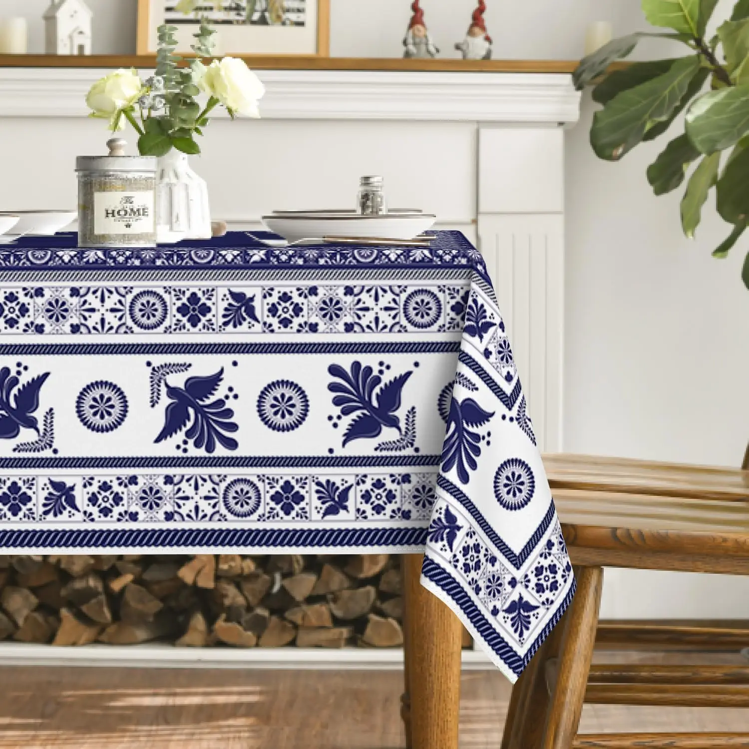 Manteles rectangulares de pájaros florales mexicanos, azulejos de retales, cubierta de mesa impermeable para decoración de mesa