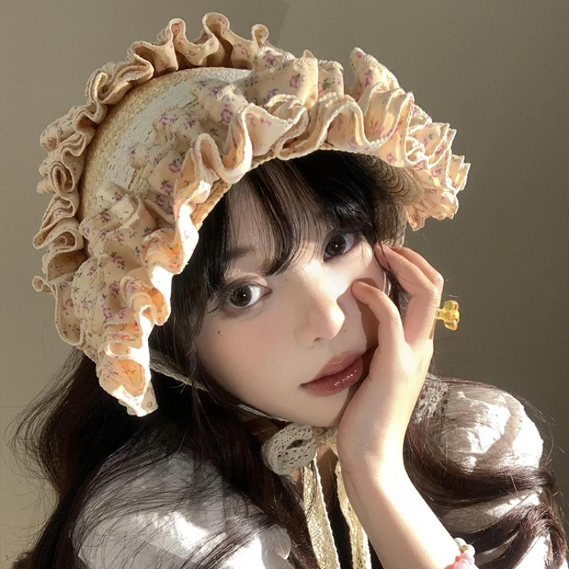 French Retro Lace Floral Woven Straw Caps for Women Summer 2024 New Seaside Beach Vacation Idyllic Sweet and Cute Strap Sun Hats