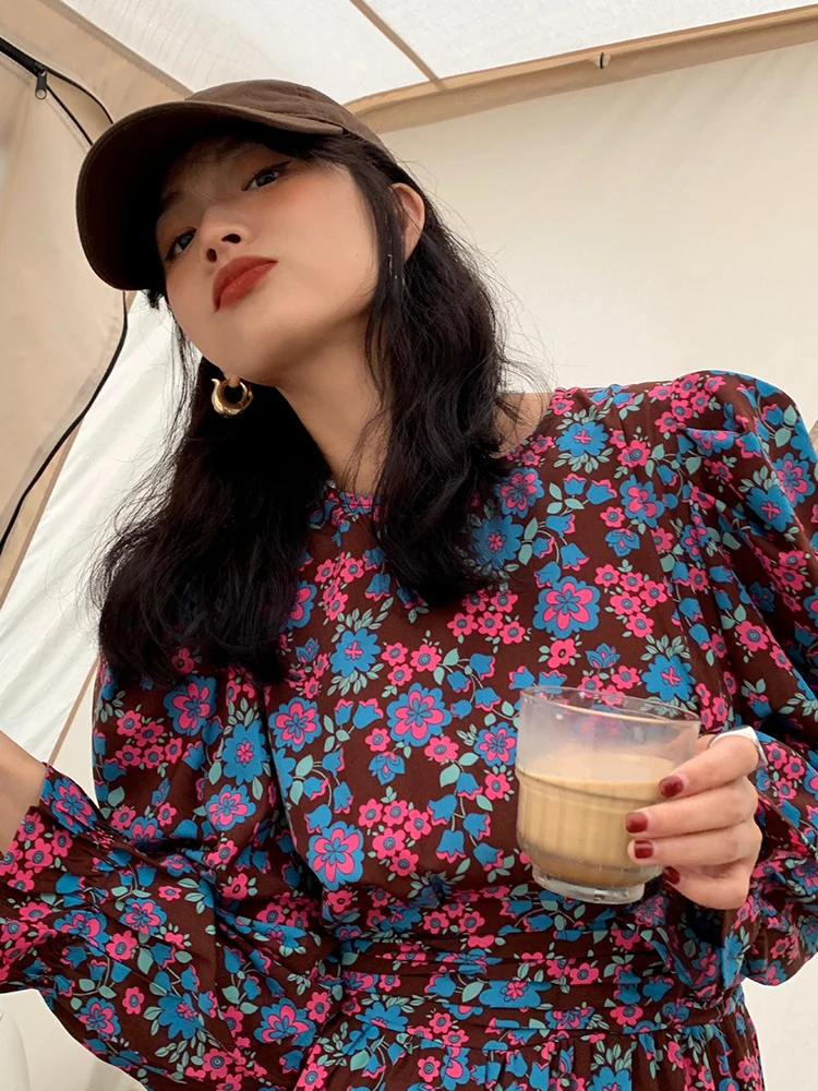 Floral Print Long Sve Dr Bubble Sve Design Waist Cinching Autumn Winter New Arrival Women's Faion Retro round Ne...