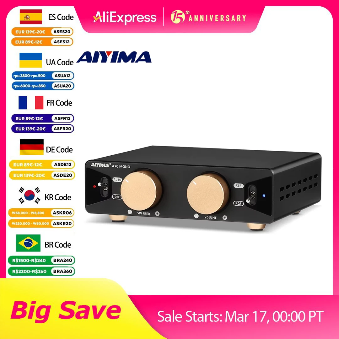 AIYIMA A70 Mono Amplifier Power 300W TPA3255 With PFFB Subwoofer For Home Sound Theater Trigger Input 1/2/3/4/5/6/7/8 Channel