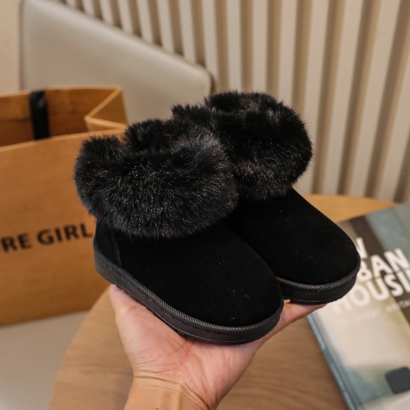Toddler Kids Big Fluffy Fur Collar Snow Boots, Slip‑On Fully Plush Lined Non‑Slip Flat Winter Ankle Boots