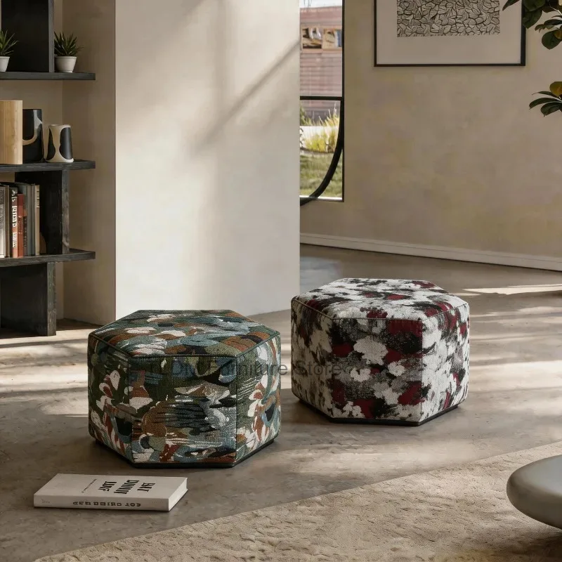 Hexagonal Fabric Pouf Ottoman Thick Padded Floor Stool Geometric Pattern Decorative Foot Rest Cube Seat for Living Room