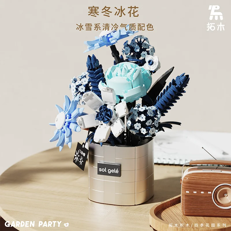 Building Blocks Flowers Bouquet Set Flowers Models Home Set Artificial Blue Collection Winter Ice Rose Flower Building Blocks Ch