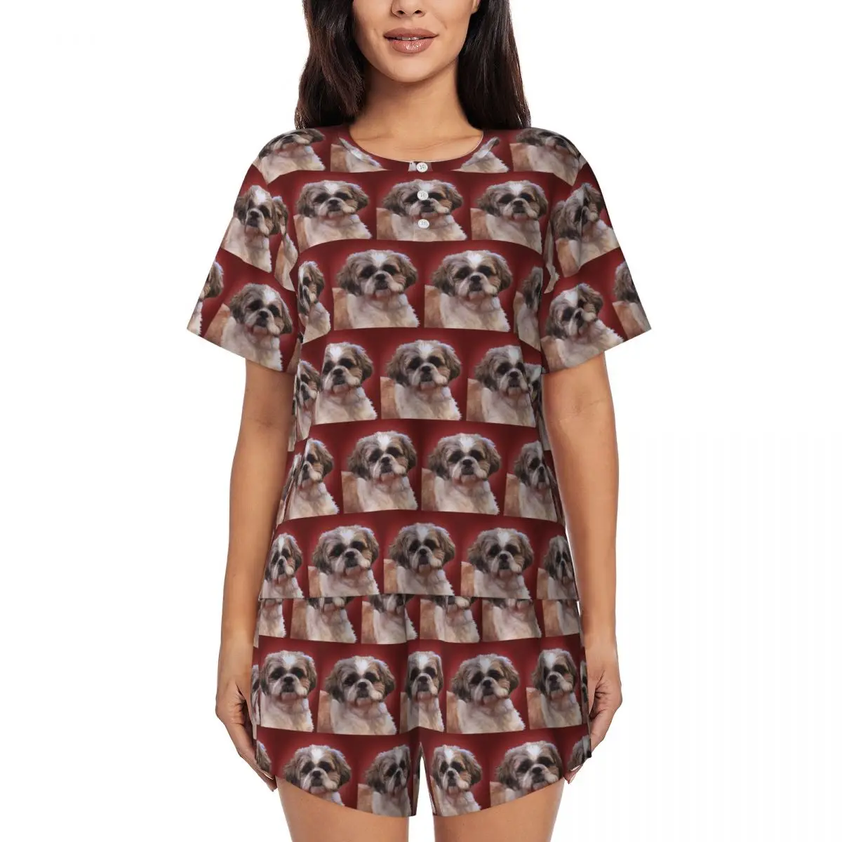 

Shih Tzu Dog Round Neck Short Sleeve Nightgowns for Sleeping Sleepshirts Women Soft Pajama Set Short Pants