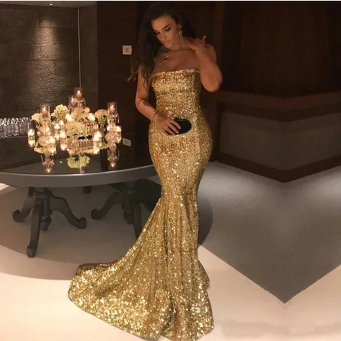 Customized Sparkling Mermaid Sequin Long Ball Dress Strapless Backless Sleeveless Slim And Sexy Gold Bridesmaid Formal Dress