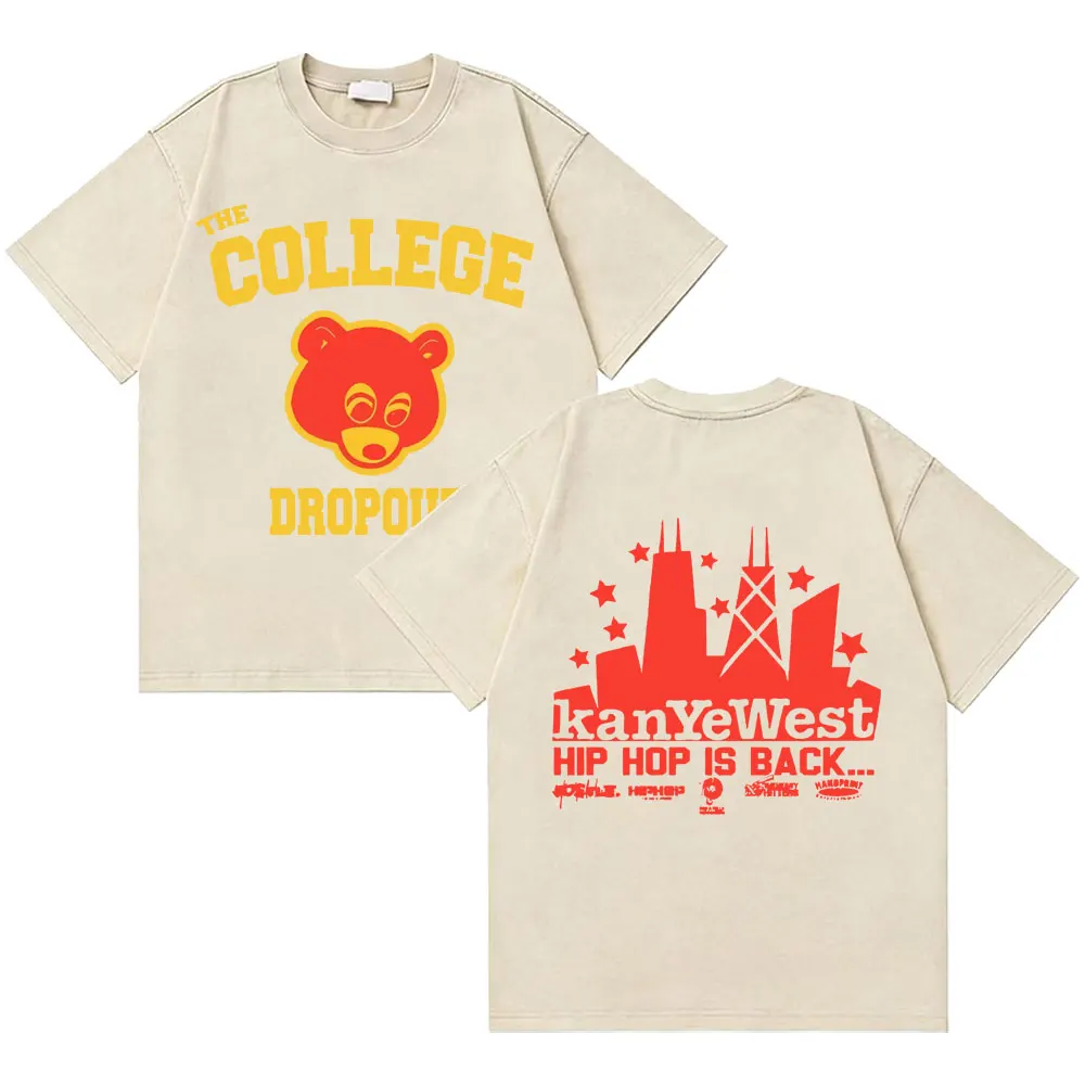 Rapper Kanye West The College Dropout Bear Retro Washed T Shirt Men Hip Hop Fashion Vintage T-shirts Male Oversized Streetwear