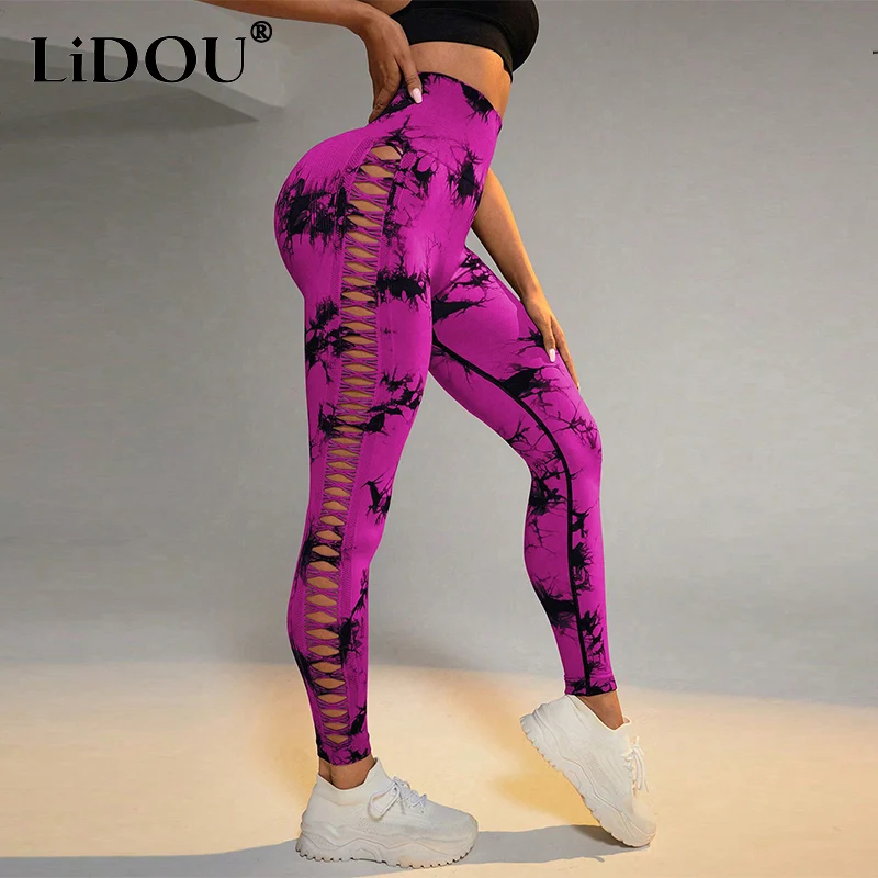 Spring Summer Elastic Gradient Hollow Out Tie Dye Leggings Women Harajuku Y2K Casual Fashion Slim Sexy Yoga Pants Female Clothes