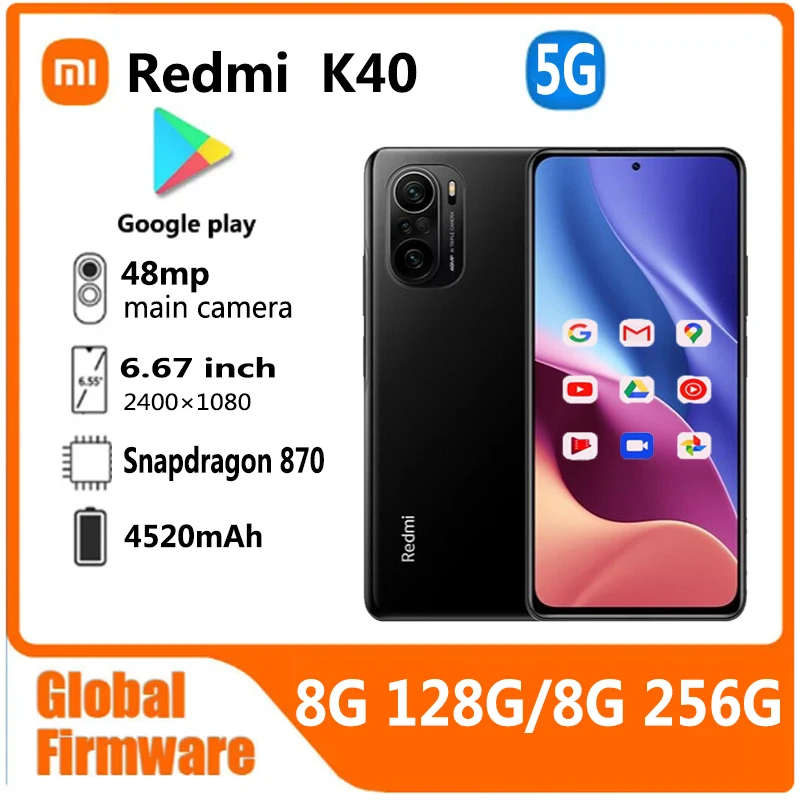 Xiaomi Redmi k40 5G Smartphone global firmware 20MP 4520mAh 6.67 inch 33W Qualcomm 650 used phone