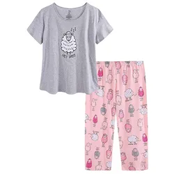 Summer 2 Piece Set Women Kawaii Pajamas Cotton Sleepwear Short Sleeve T Shirts + Long Pants Plus Size Female Nightgown Nightwear