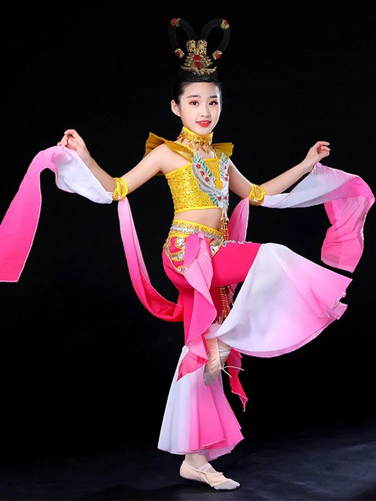 Танцевальный костюм Дуньхуан для девочек, этнический детский классический танцевальный костюм для выступлений Люте