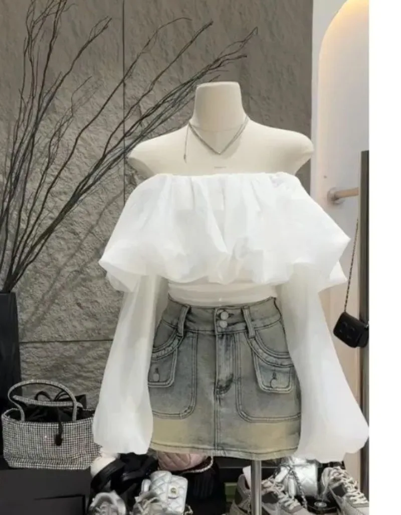 White Slash Neck Long Sleeved Sun Protection Shirt Camisas Off Shoulder Crop Top Sexy Blouse Korean Blusas Mujer Lady Shirts