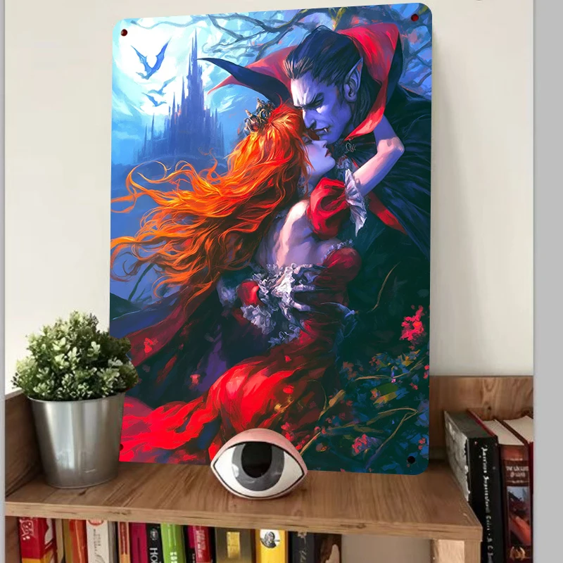 Gothic Vampire Embracing Red Haired Girl Metal Wall Art Dark Fantasy Castle Moonlight Bat Decor Painting