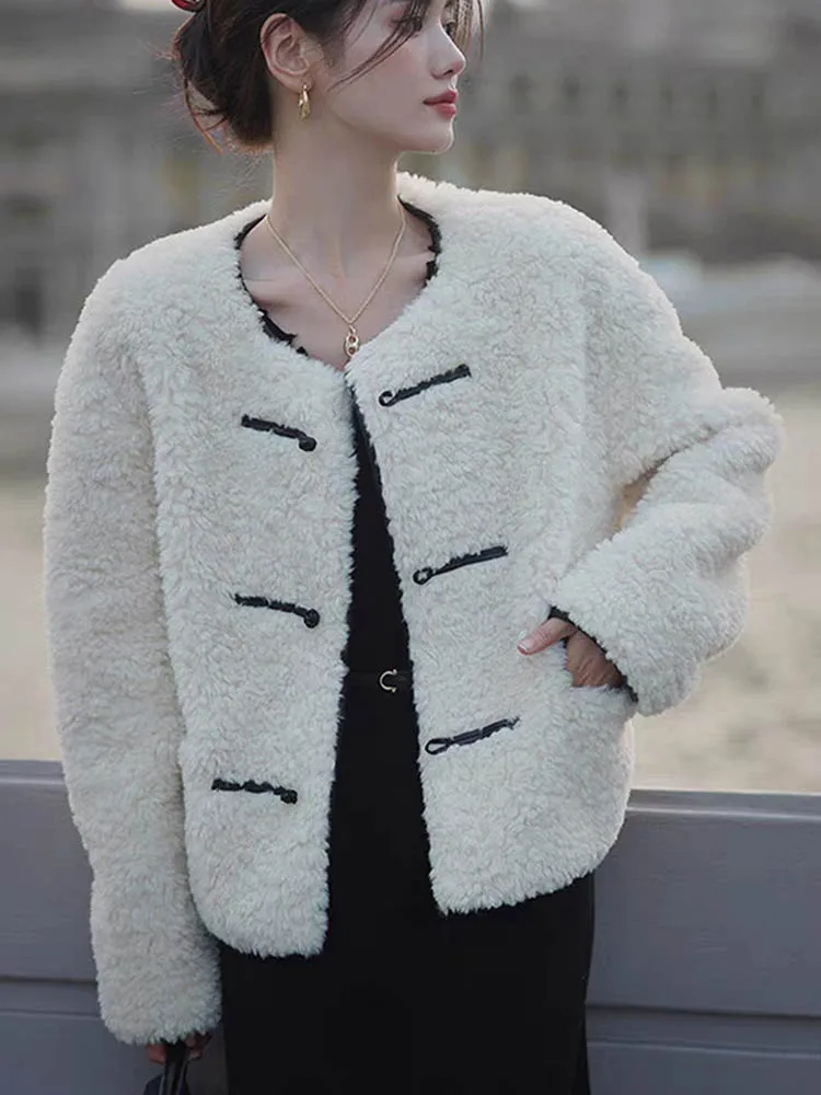 Casacos soltos grossos de pele sintética moda coreana o pescoço único breasted jaquetas femininas elegantes manga longa lã de cordeiro chaquetas novo