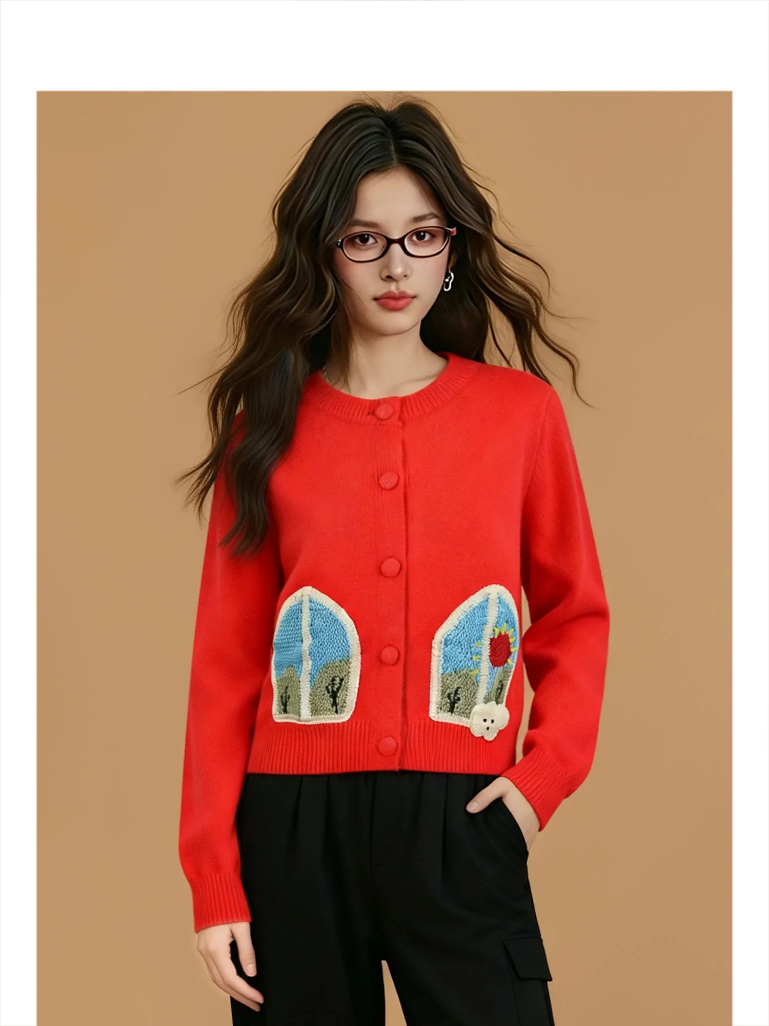 

Мягкий уютный вязаный свитер с открытым передом в винтажном стиле, с дизайном «Окно маминой дачи» и маленькой белой собачкой, осенняя модная женская внутренняя одежда