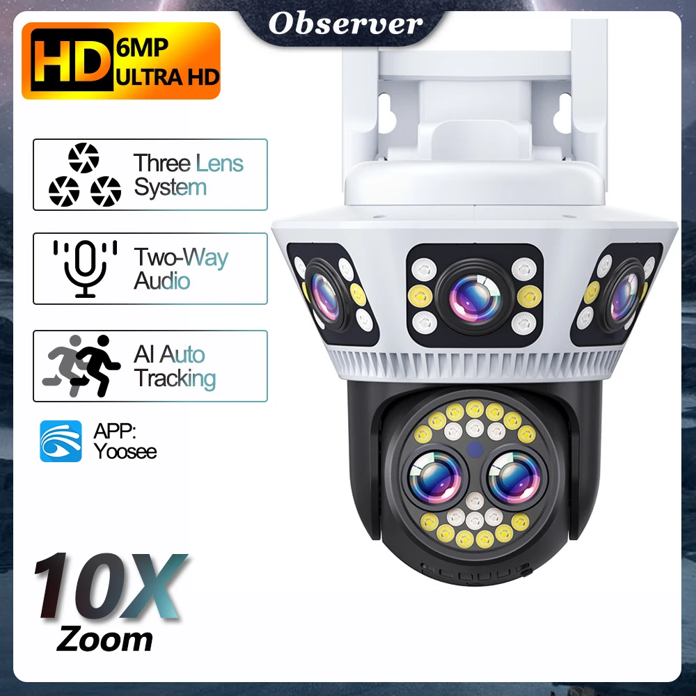 

6MP 3 Len 3 Screen WiFi Security Camera 10X Zoom Color Night Vision CCTV Auto Tracking Siren Alarm Wireless PTZ Yoosee Camera