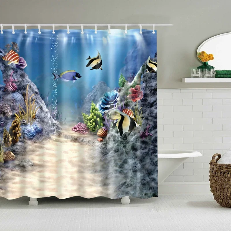 Sea animals fish cartoon shower curtain bathroom curtain frabic waterproof polyester bath curtain with hooks