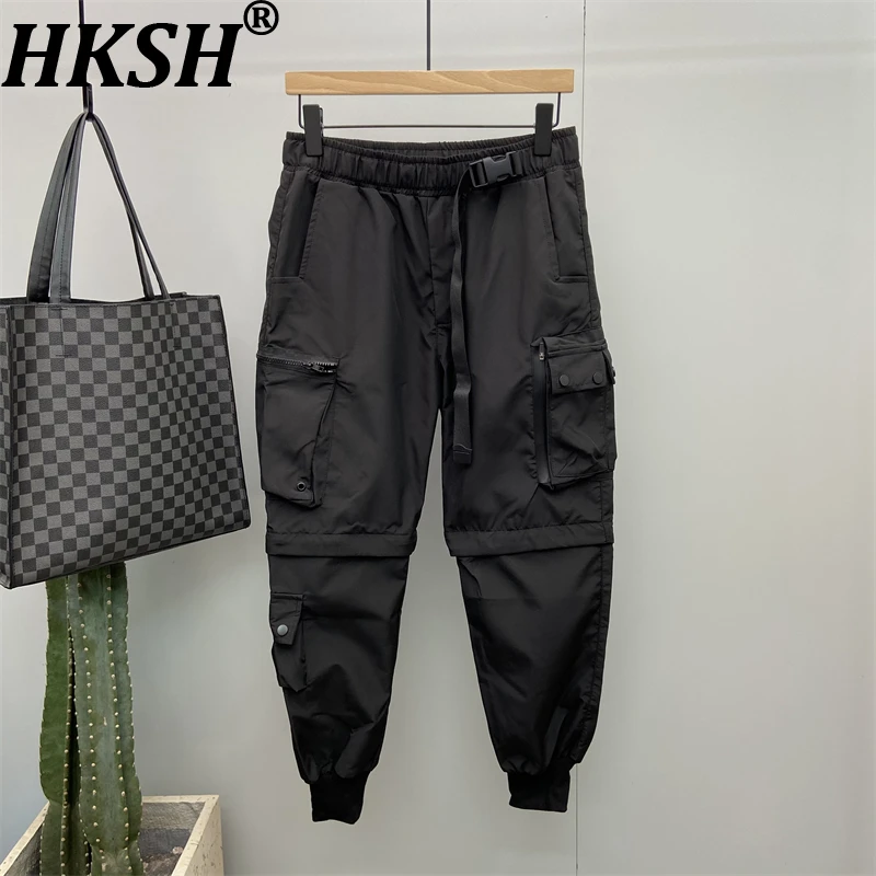 

HKSH Spring Autumn New Men Dark Safari Style Multi-pockets Patchwork Fake Two-Piece Trendy Casual Cuffed Ins Cargo Pants HK14392