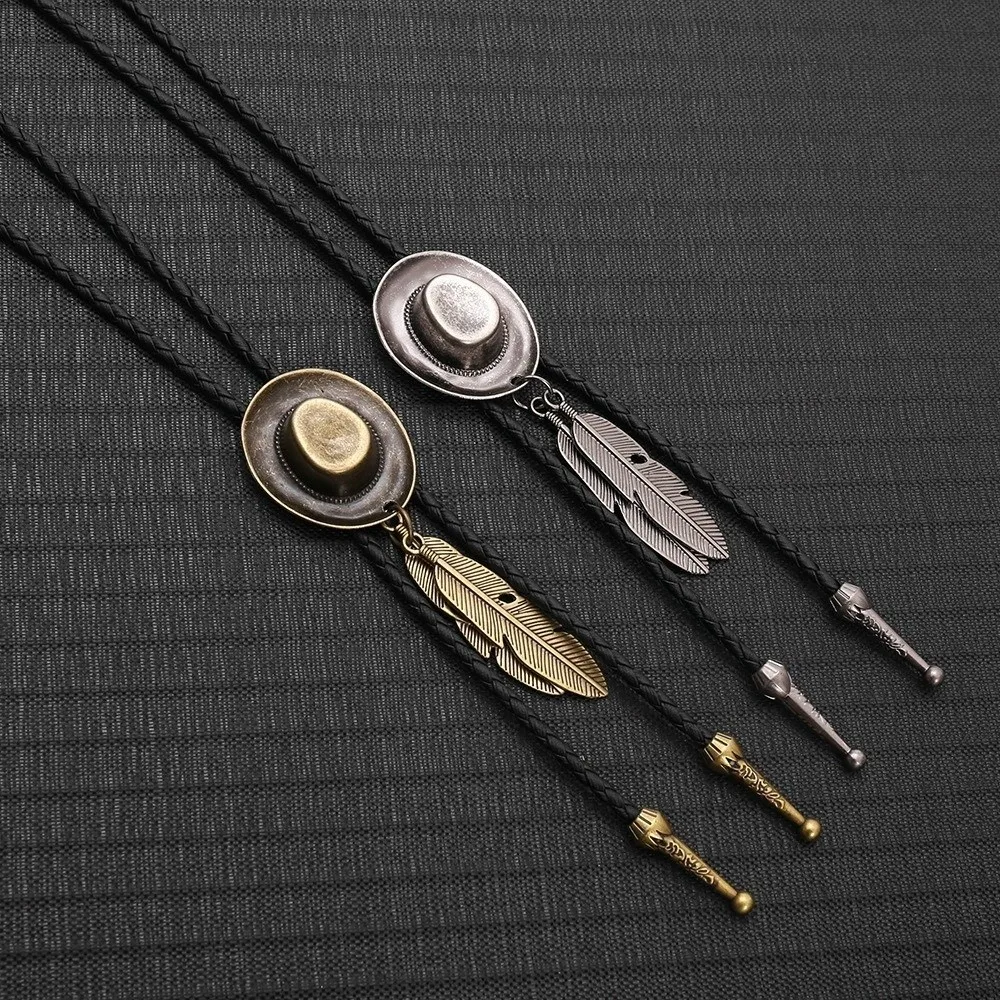 Vintage Western Cowboy Hat Necklace Leather Rope Adjustable Long Pendant Chain Alloy Unisex Metal Feather Necktie Western Style