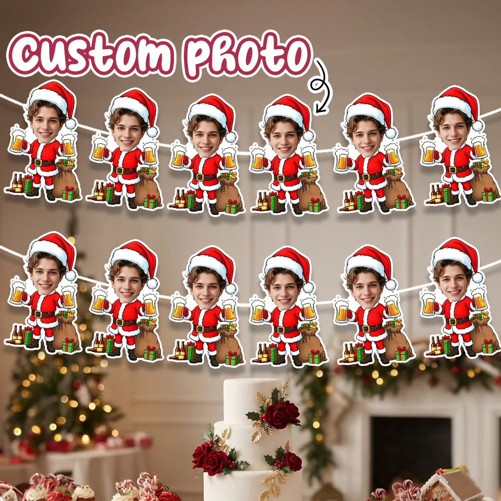 8/16/24PC Custom Face Santa Claus Gift Themed Banner,Custom Photo Bunting Garland,Christmas Holiday Party Hanging Accessory