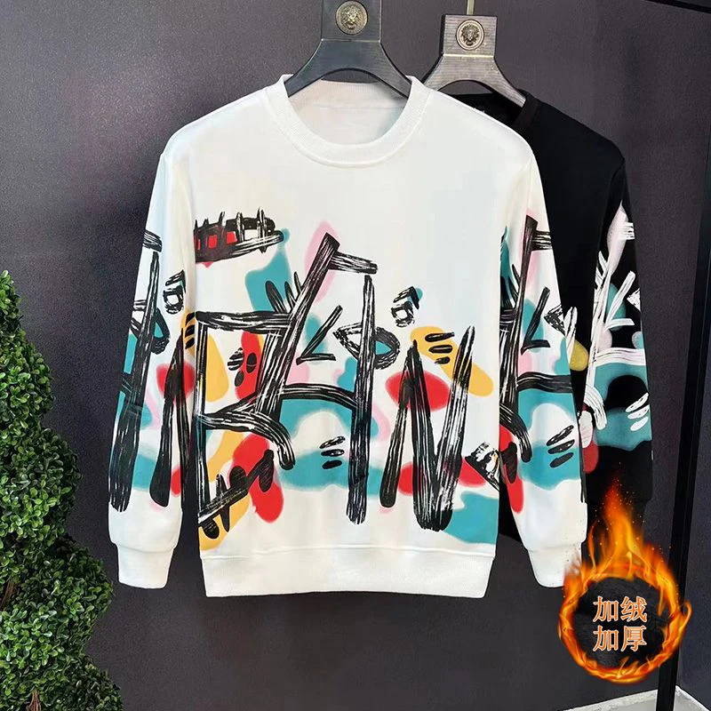 بلوزات رجالية سميكة قطيفة مع طباعة جرافيتي ، رقبة مستديرة ، أكمام طويلة ، بلوفر فضفاض ، ملابس الشارع الكورية ، العصرية ، Y2K ، الخريف ، الشتاء