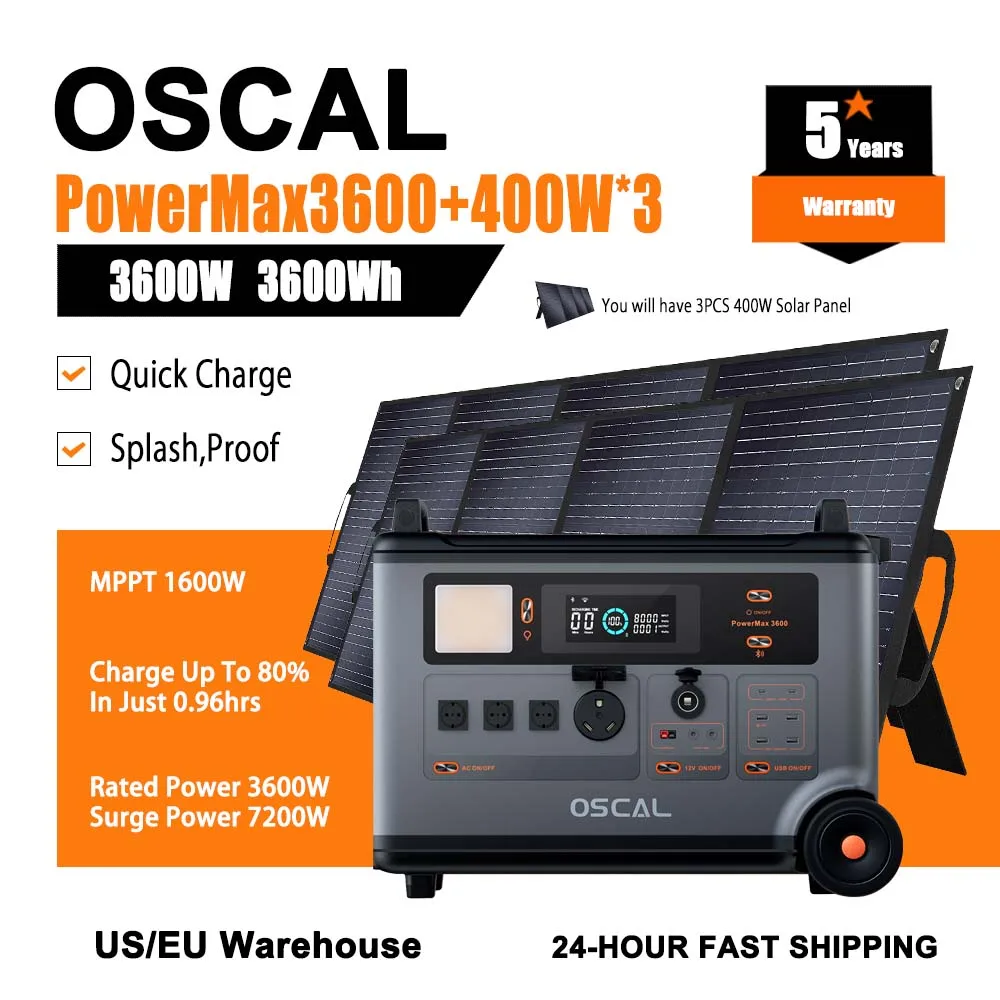 

3600W Supplies 3600WH Large Capacity Outdoor Solar Power Generator Splash Proof Combo Function Of 3PCS Solar Panel 400W For Home